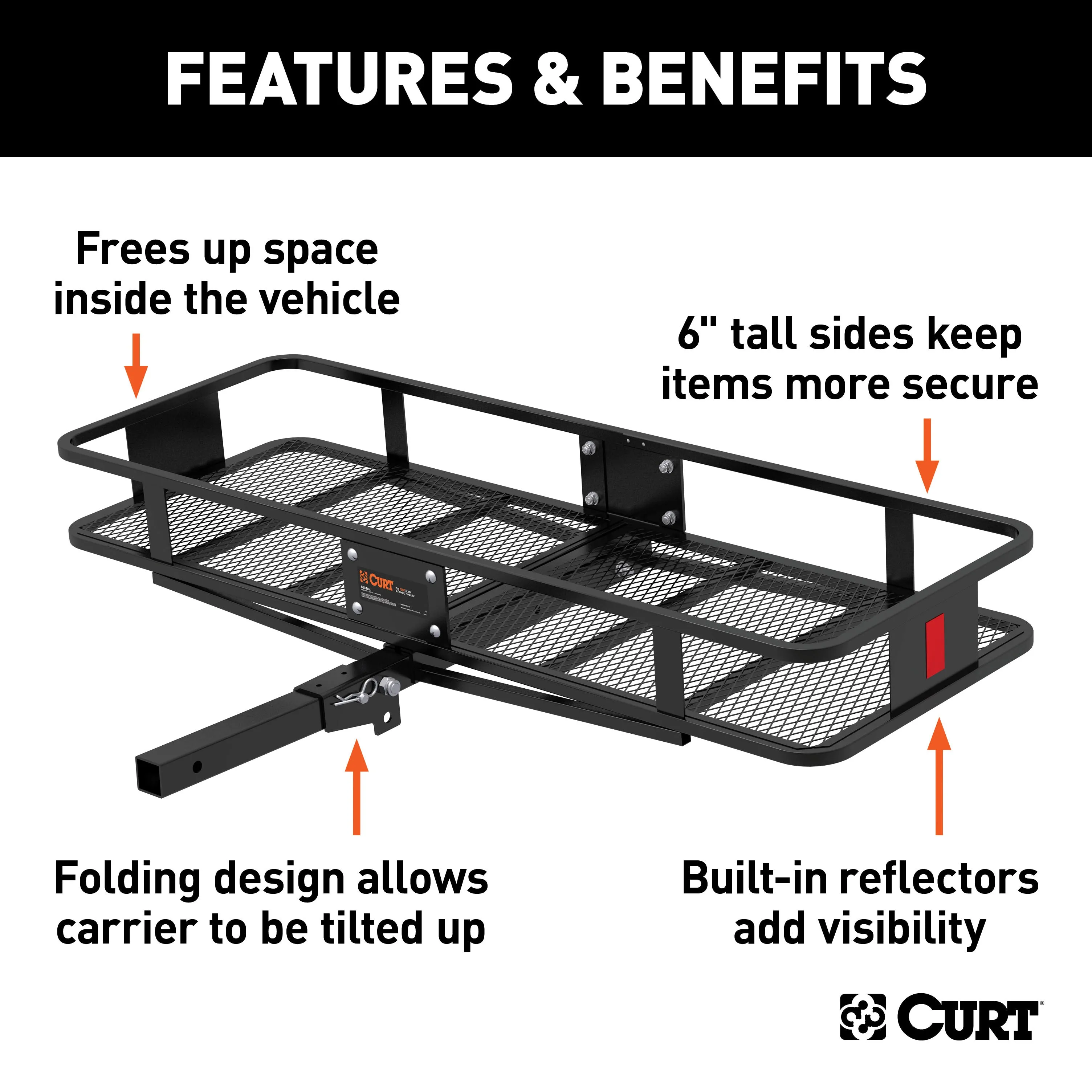 CURT 18151 60in. x 20in. Black Steel Basket Cargo Carrier (Folding 2in. Shank; 500 lbs.)