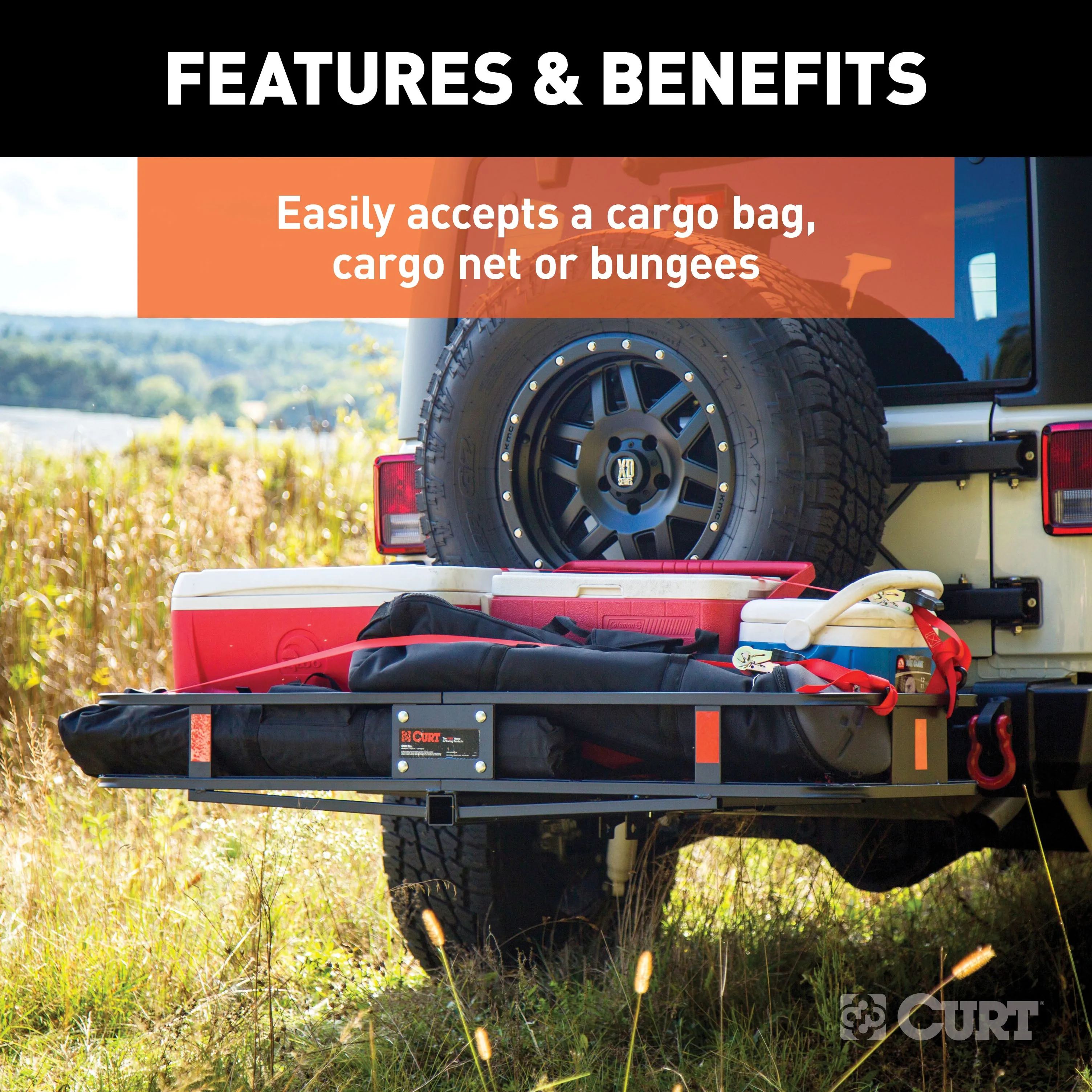 CURT 18151 60in. x 20in. Black Steel Basket Cargo Carrier (Folding 2in. Shank; 500 lbs.)