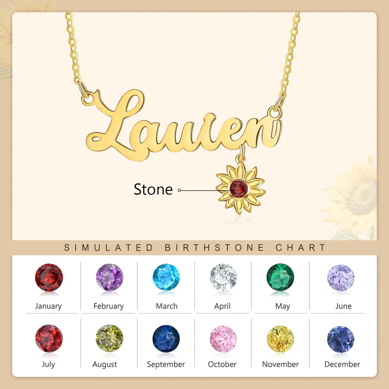 Custom Name Necklace With Birthstone Sunflower Symbolism