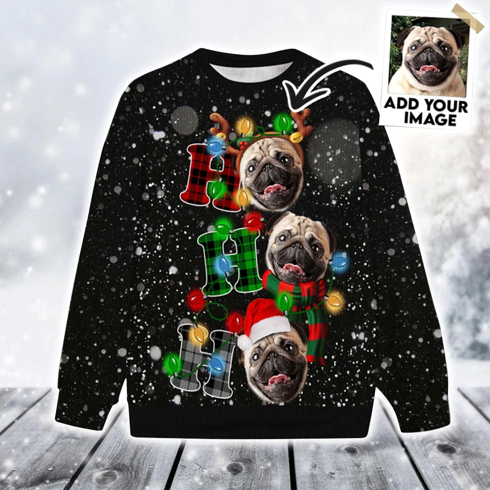 Custom Photo Pet Sweater - Personalized Pet Face Ugly Sweater, Ho Ho Ho Christmas Light Ugly Sweater Funny, Perfect Gift For Dog Lovers