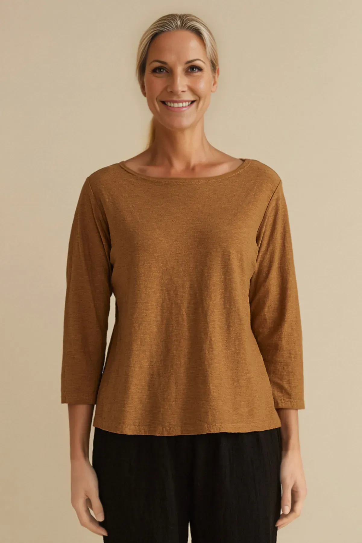 Cut Loose Linen Cotton Jersey 3/4 Sleeve Boatneck Top-Myrtle