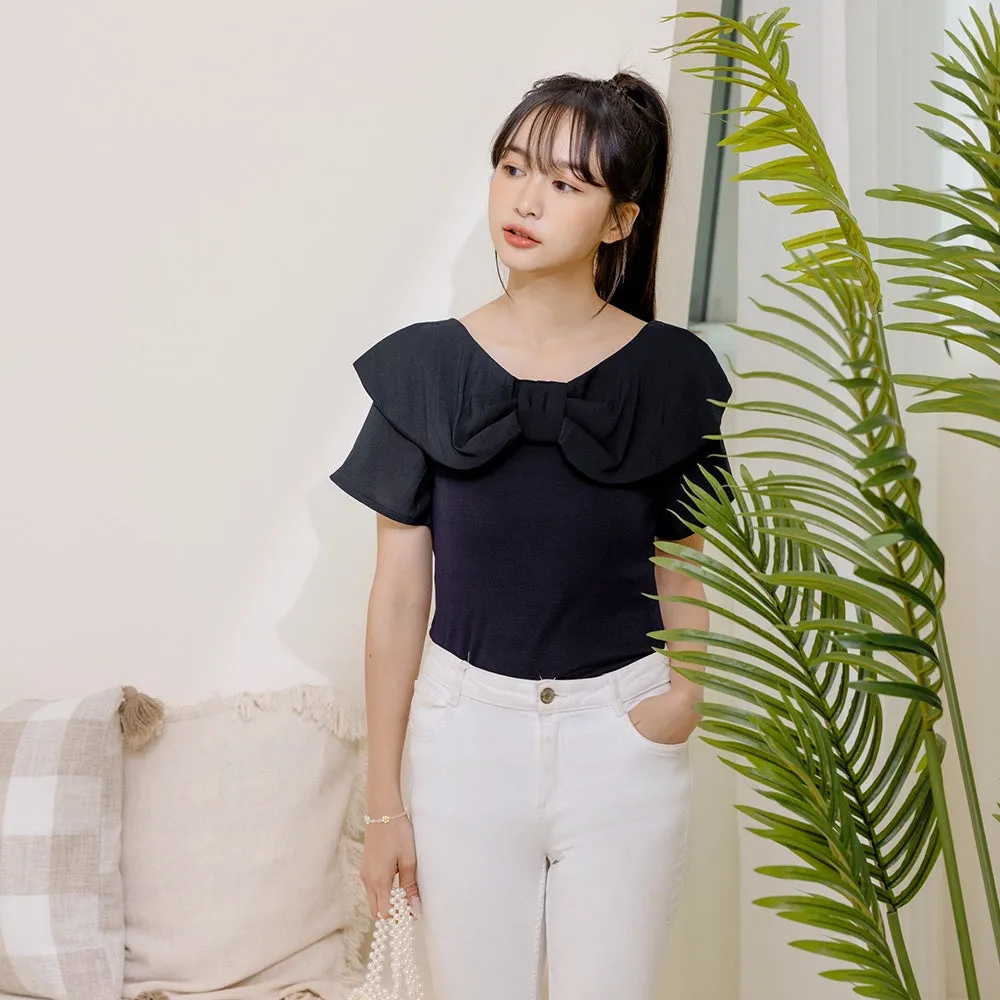 Cute Bow Ribbon Collar Short Sleeve Blouse Top