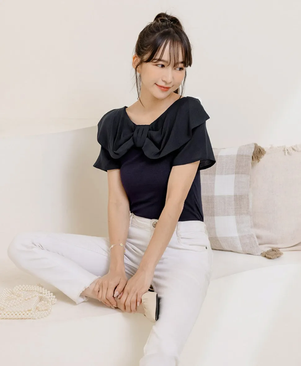 Cute Bow Ribbon Collar Short Sleeve Blouse Top
