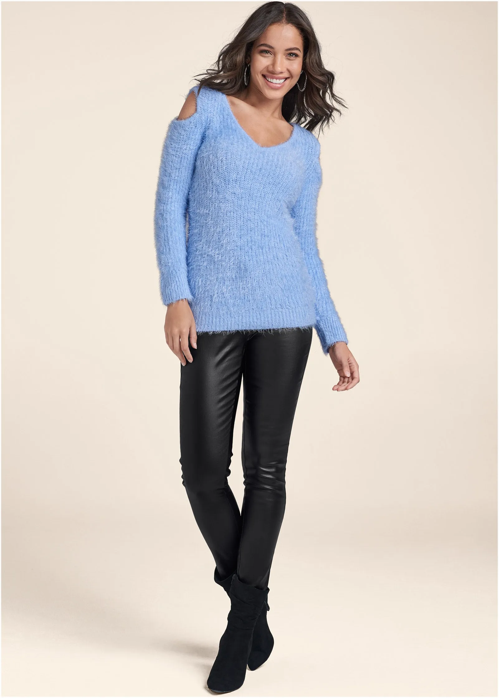 Cutout Eyelash Sweater - Light Blue