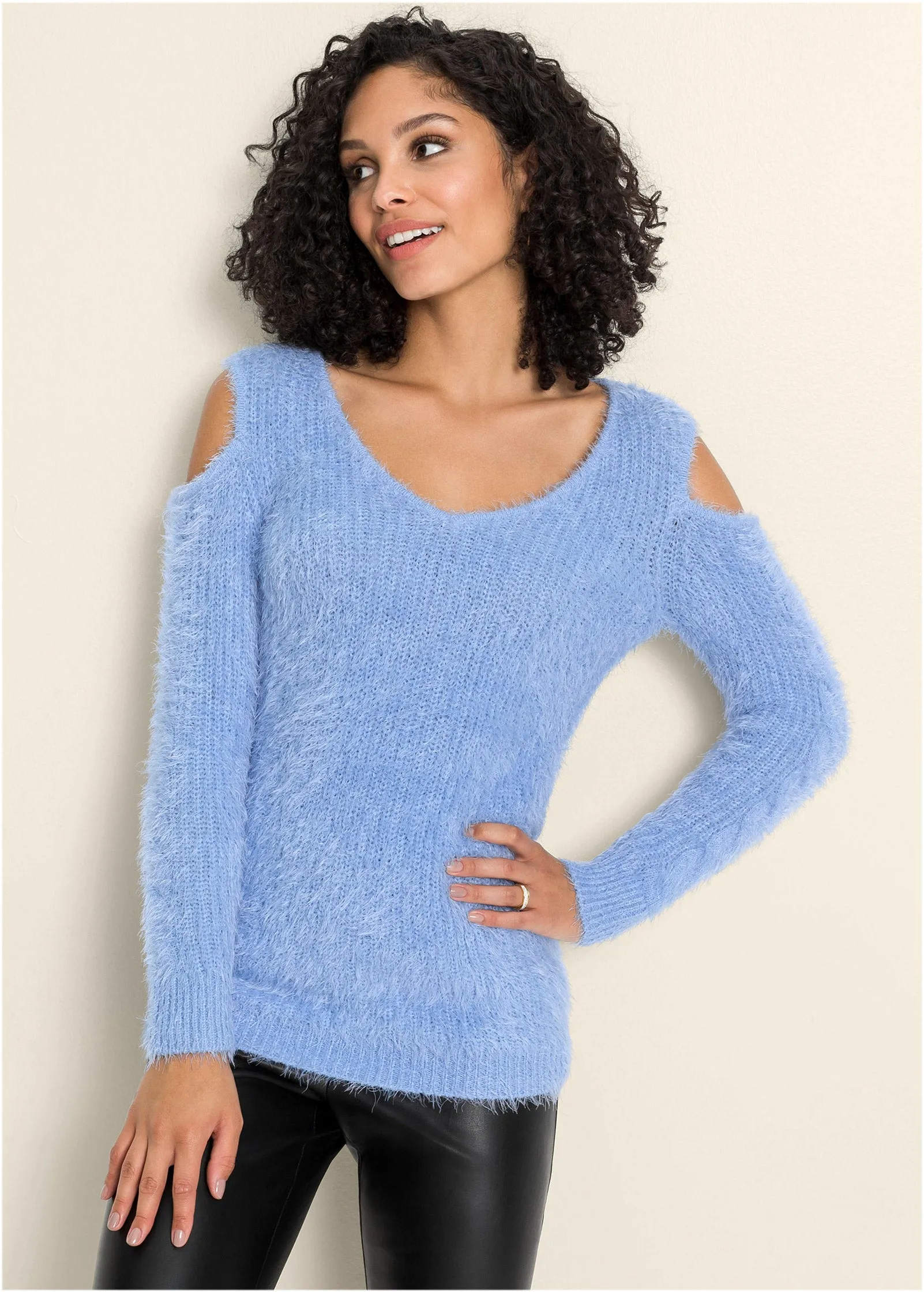 Cutout Eyelash Sweater - Light Blue
