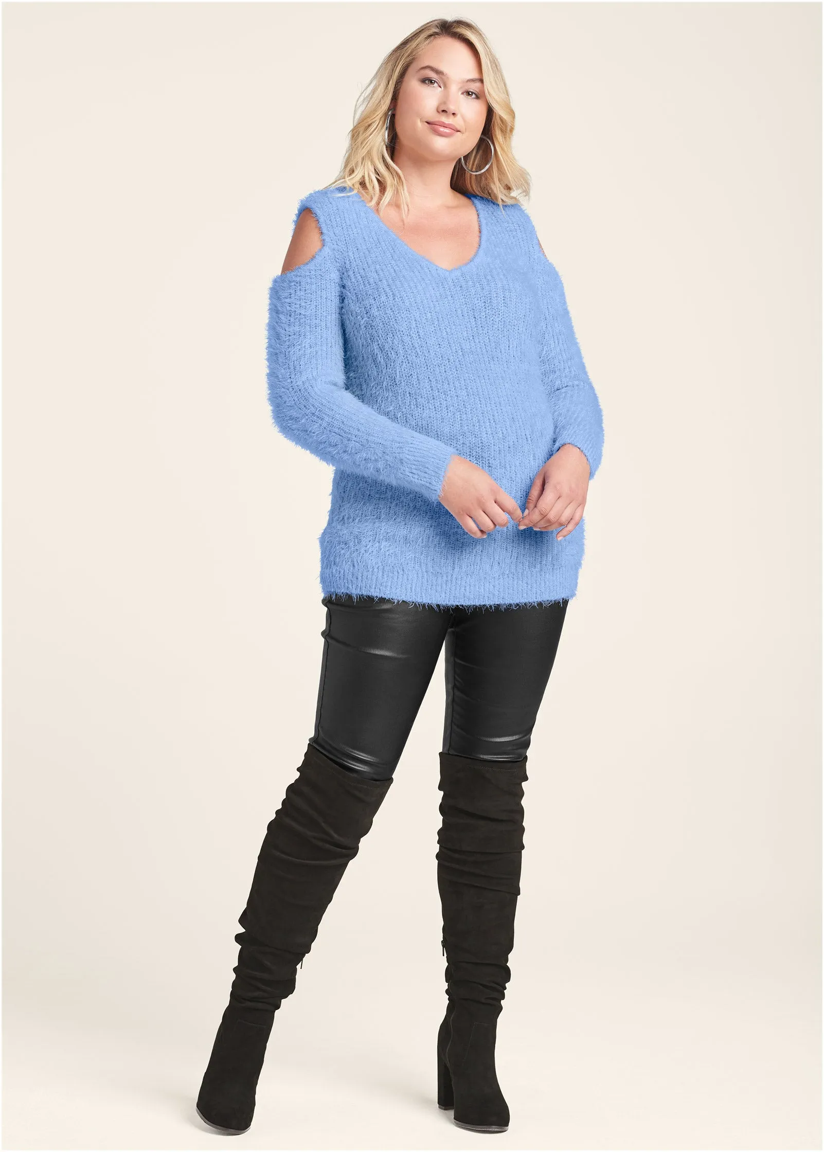 Cutout Eyelash Sweater - Light Blue