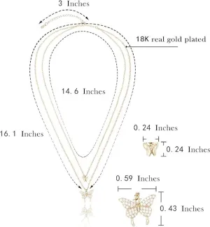 Dainty Double Layered Butterfly Necklace 18K Gold Plated Pave Cubic Zirconia | Non Tarnish & Waterproof | Additional 3” Extender Included