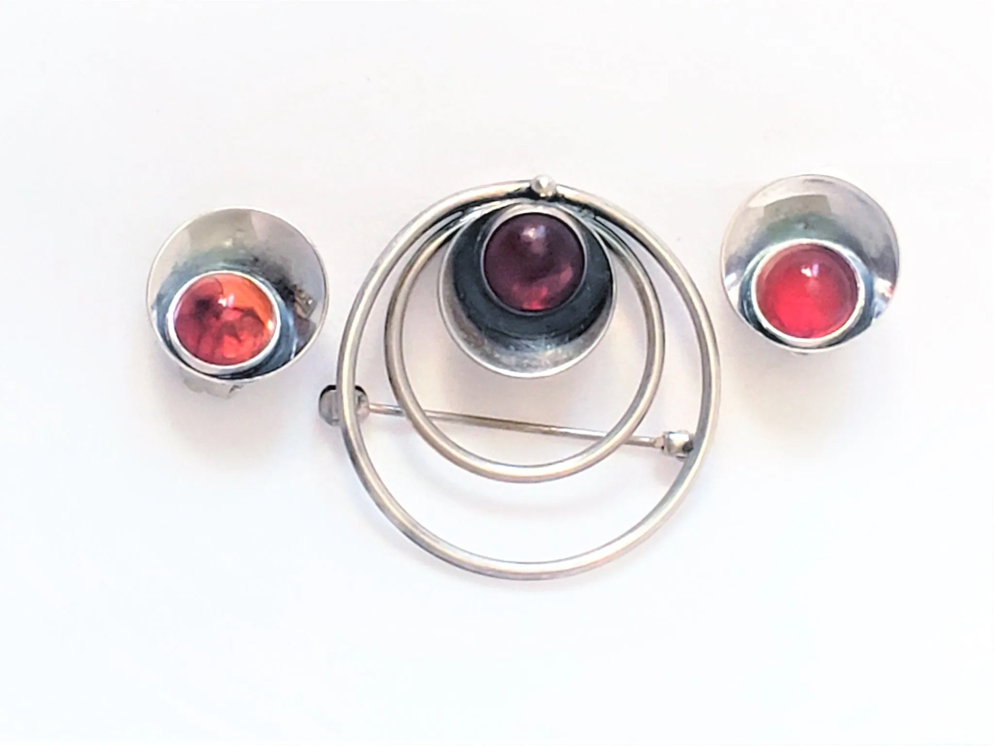 Danish NE From Chalcedony Sterling Modernist Brooch & Earring SET 1940s/50s
