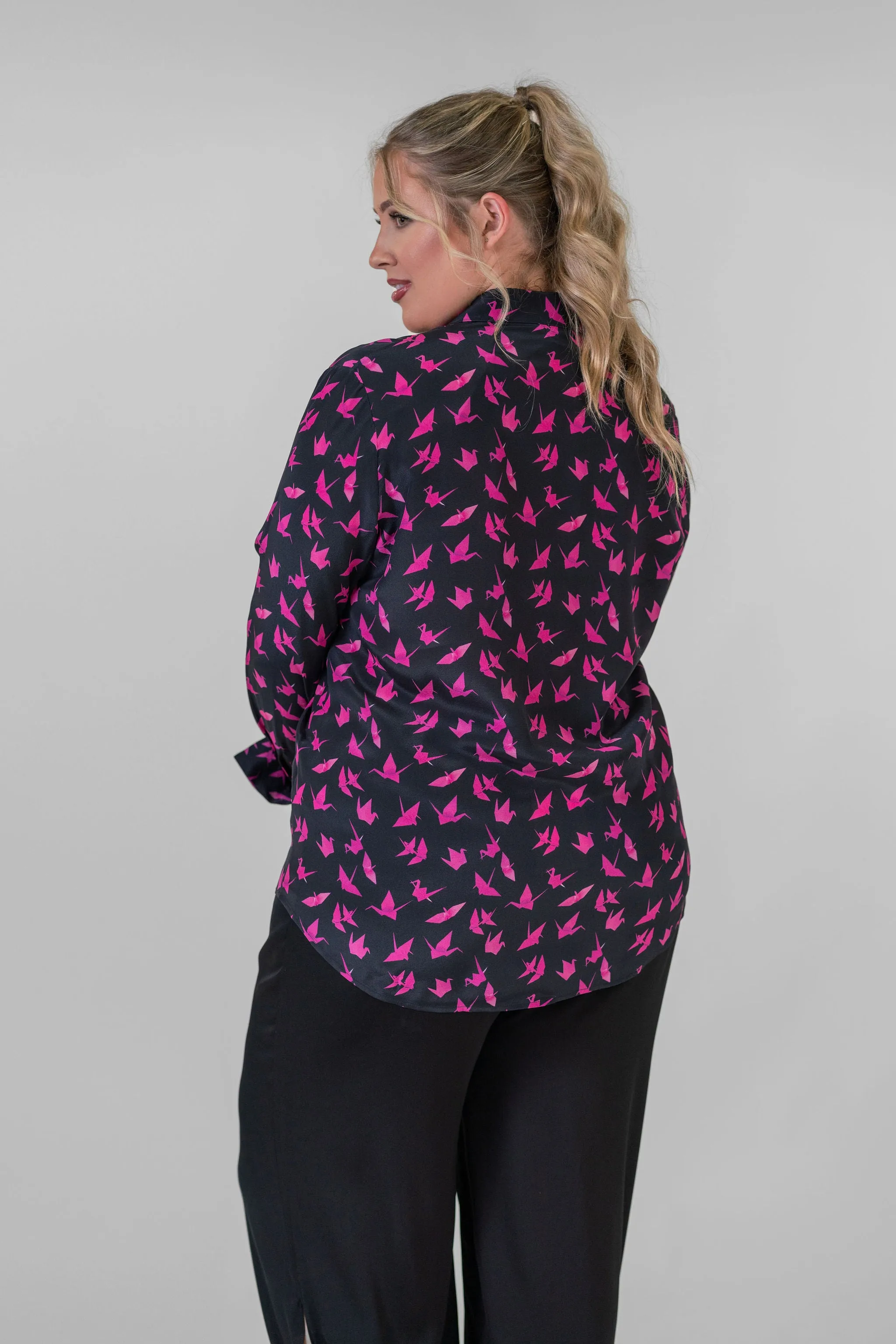 DARIA FRENCH CUFF SILK BLOUSE - Pink Crane