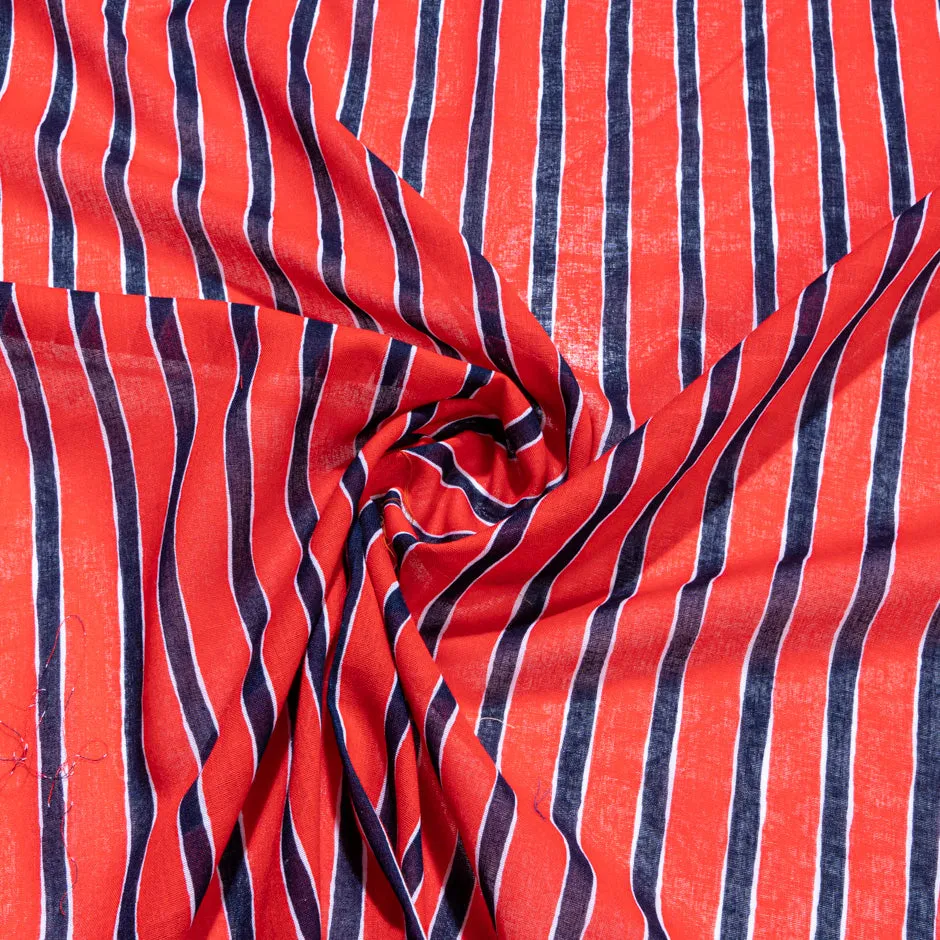 Dark Blue & Red Striped Cotton Voile