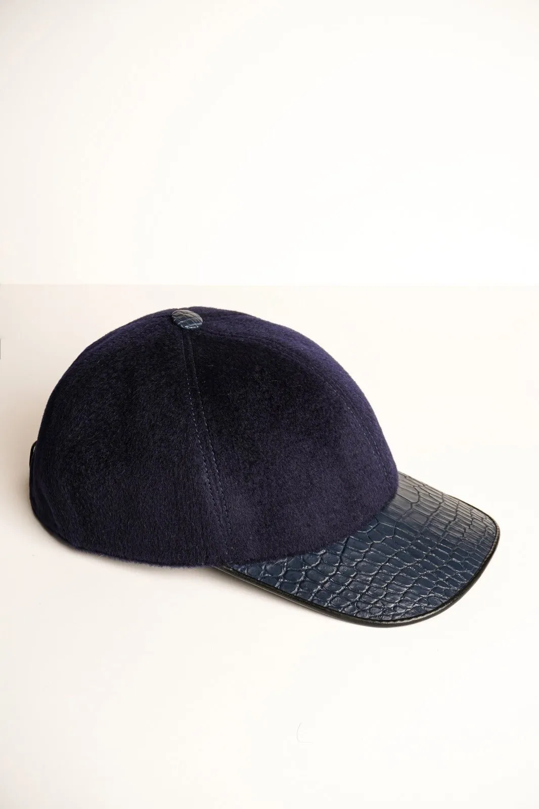 Dark Blue Cashmere & Crocodile Leather Cap