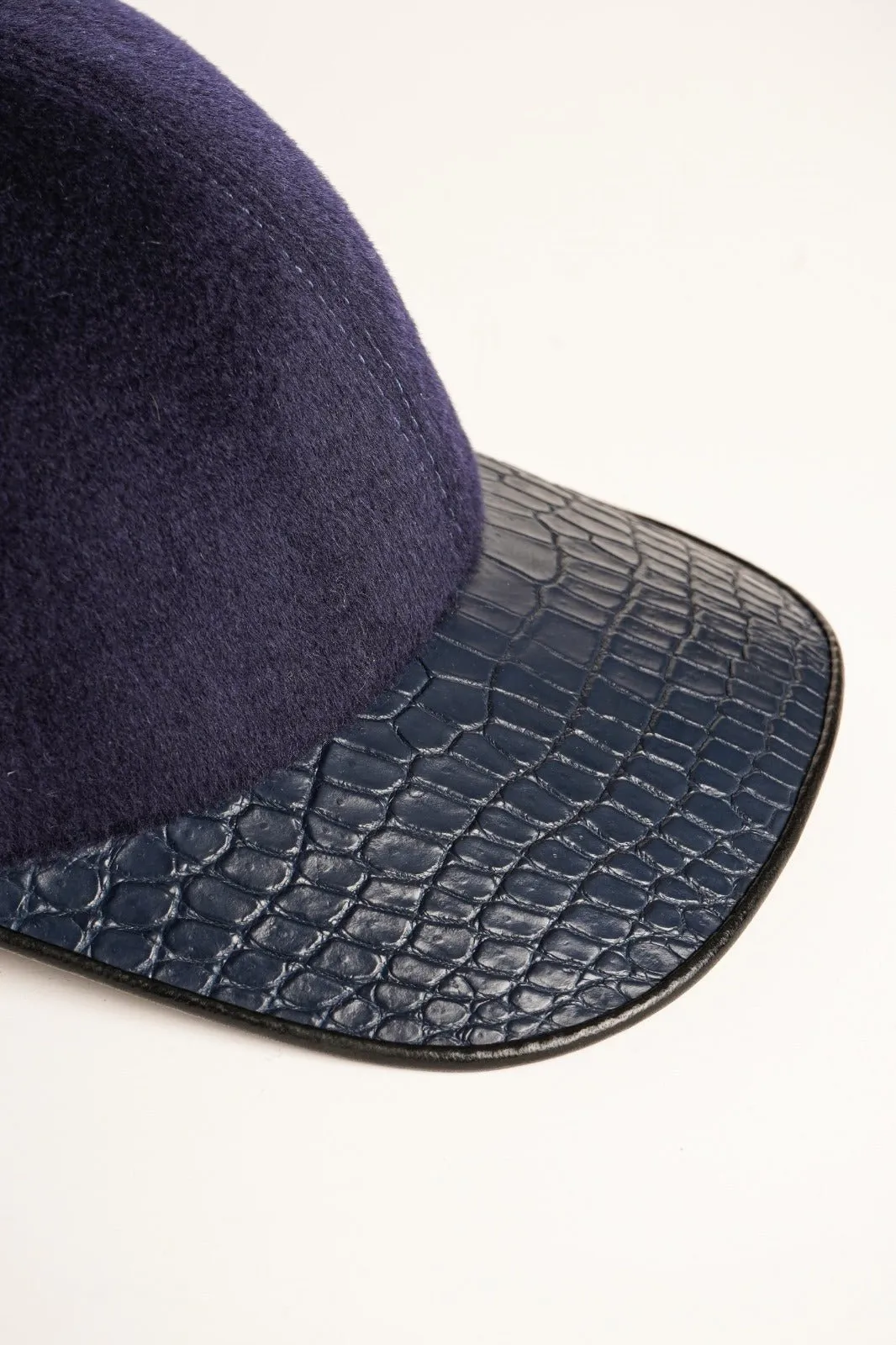 Dark Blue Cashmere & Crocodile Leather Cap