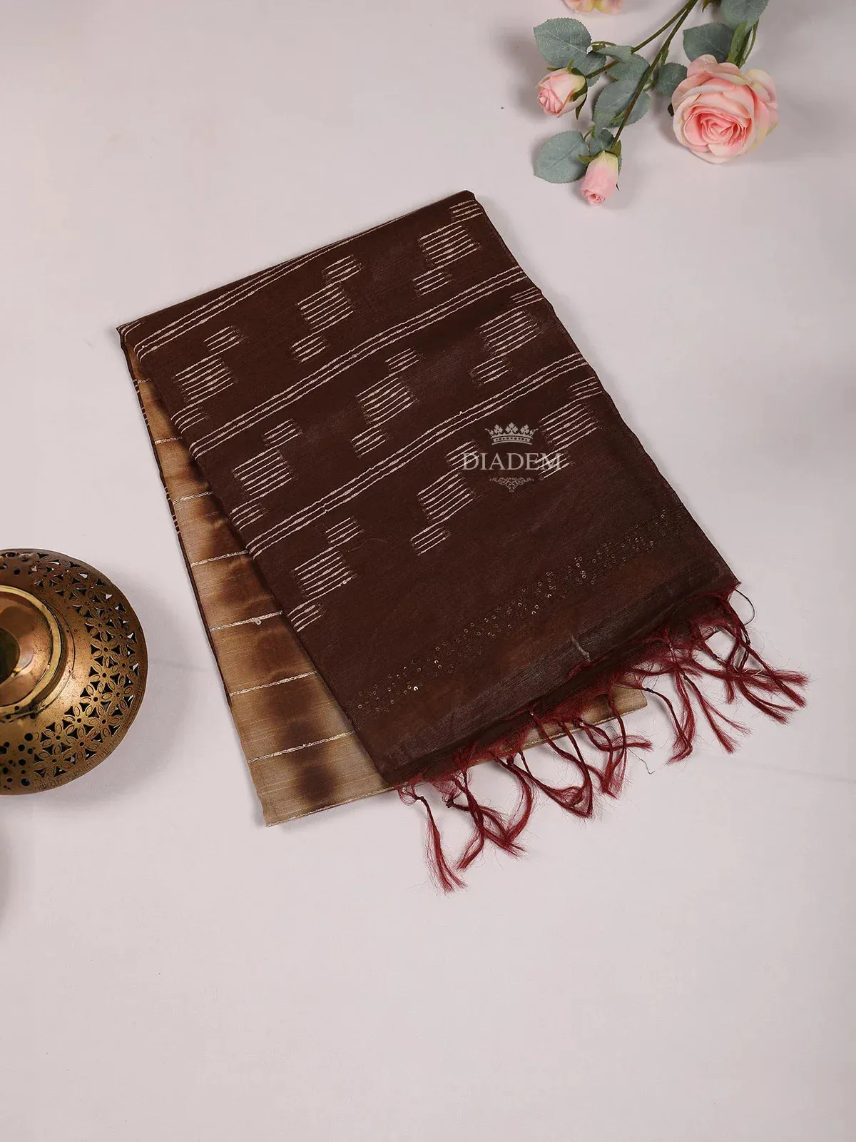 Dark Brown Cotton Saree With Jute Design on the Body without Broder