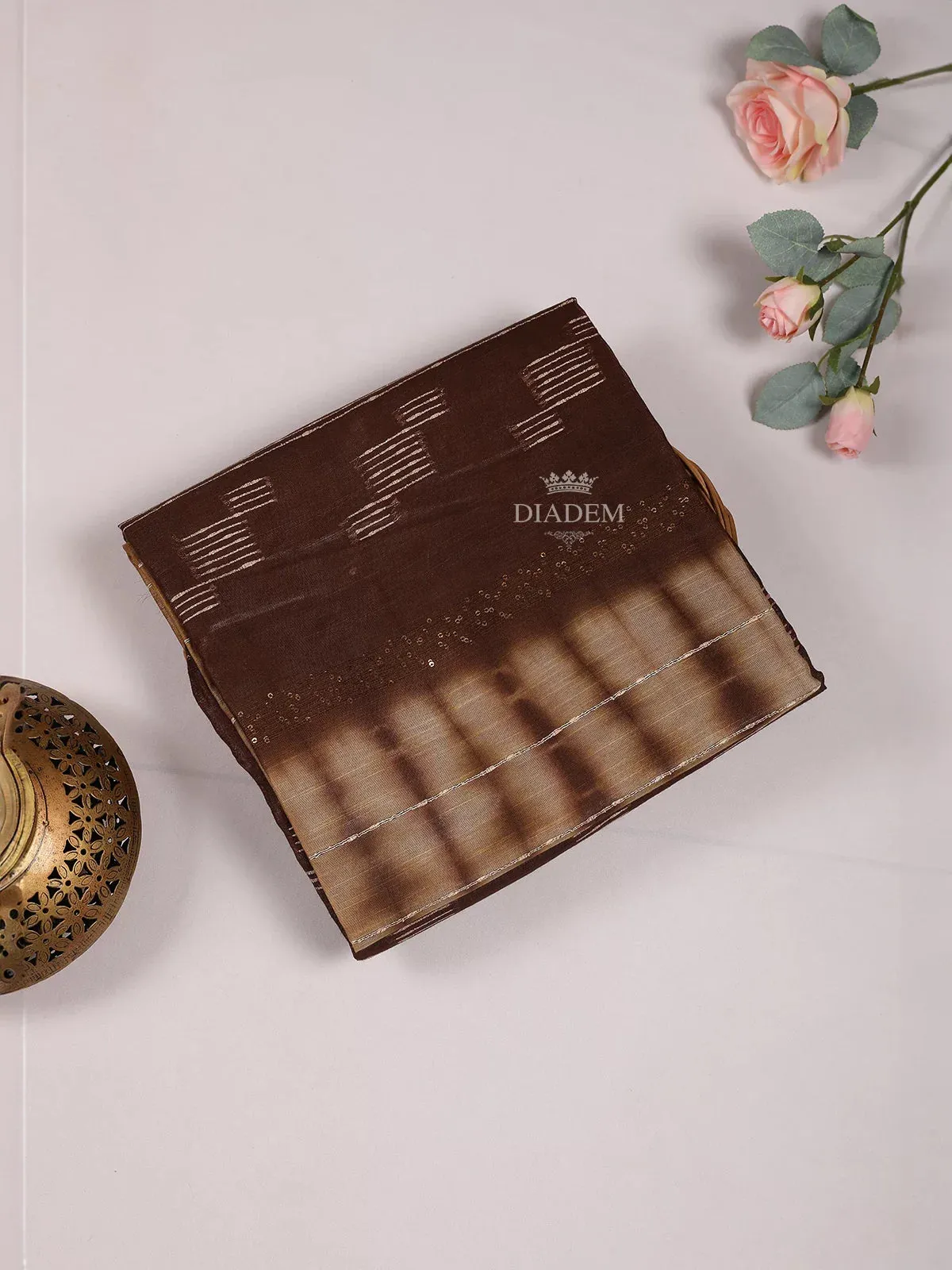 Dark Brown Cotton Saree With Jute Design on the Body without Broder