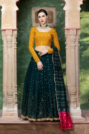 Dark Green Lehenga With Fancy Sequence Work And Glistening Embellishments, Designer Choli With Dupatta, Wedding, Party Wear For Women