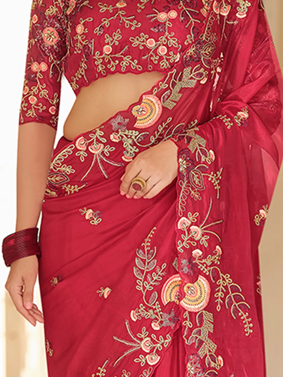 Dark Pink Organza Embroidered Saree With Unstitched Blouse