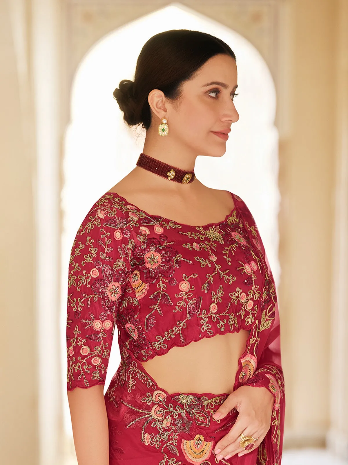 Dark Pink Organza Embroidered Saree With Unstitched Blouse