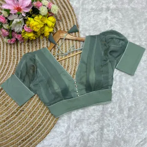Dark Pista Color Metallic Jari Blouse with Ruffled Pattern and Balloon Sleeves