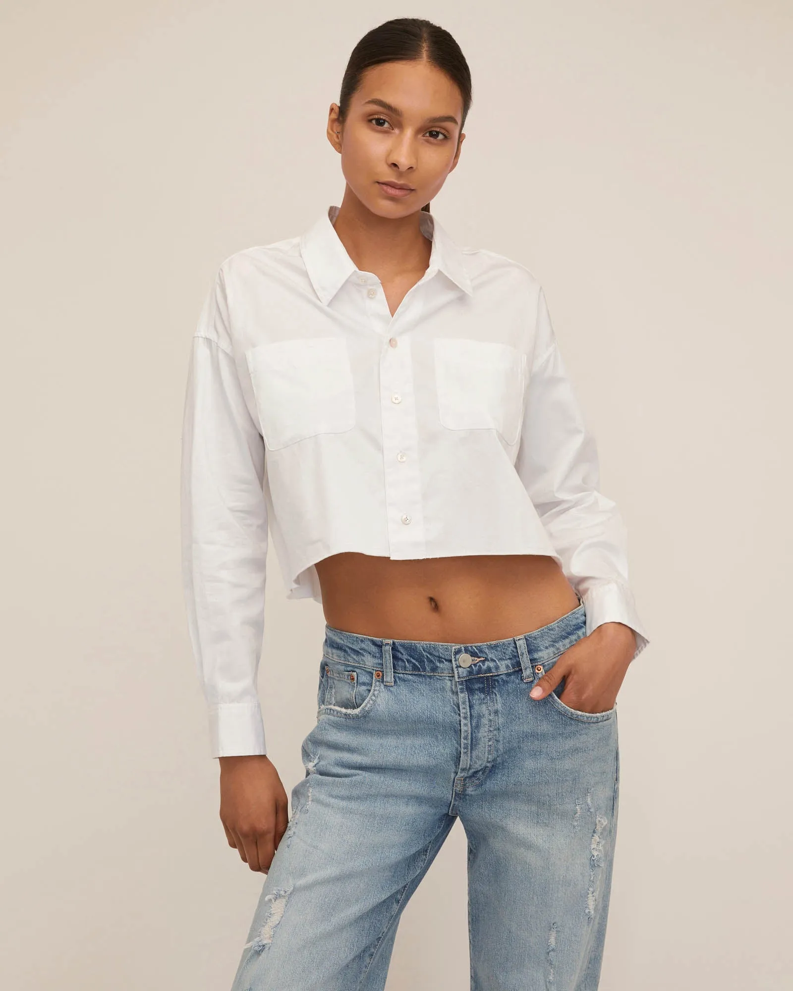 Davie Cropped Sateen Boyfriend Button Down