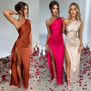 DEANWANGKT Cross-Border  Spring/Summer One-Shoulder Pleated Split Sexy Satin Dress European and American Elegant Slim-Fit Solid Color Dress