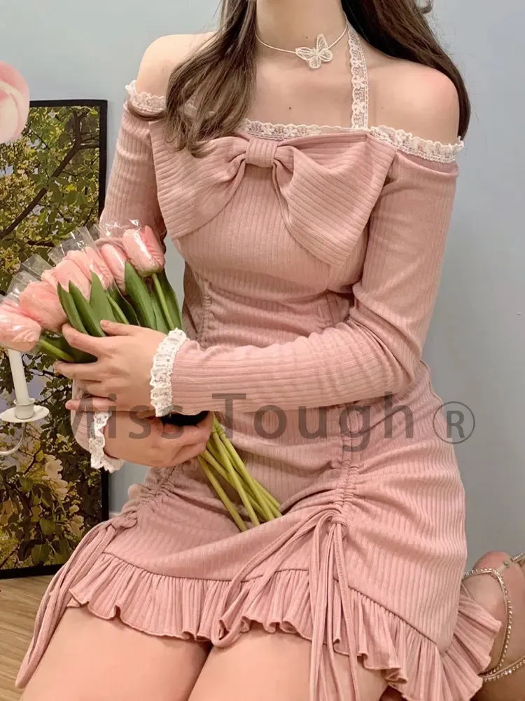 deanwangkt Korean Style Party Mini Dresses Women Japanese Off Shoulder Sexy Kawaii Dress Female Long Sleeve Lace Kawaii Lolita Dress Autumn