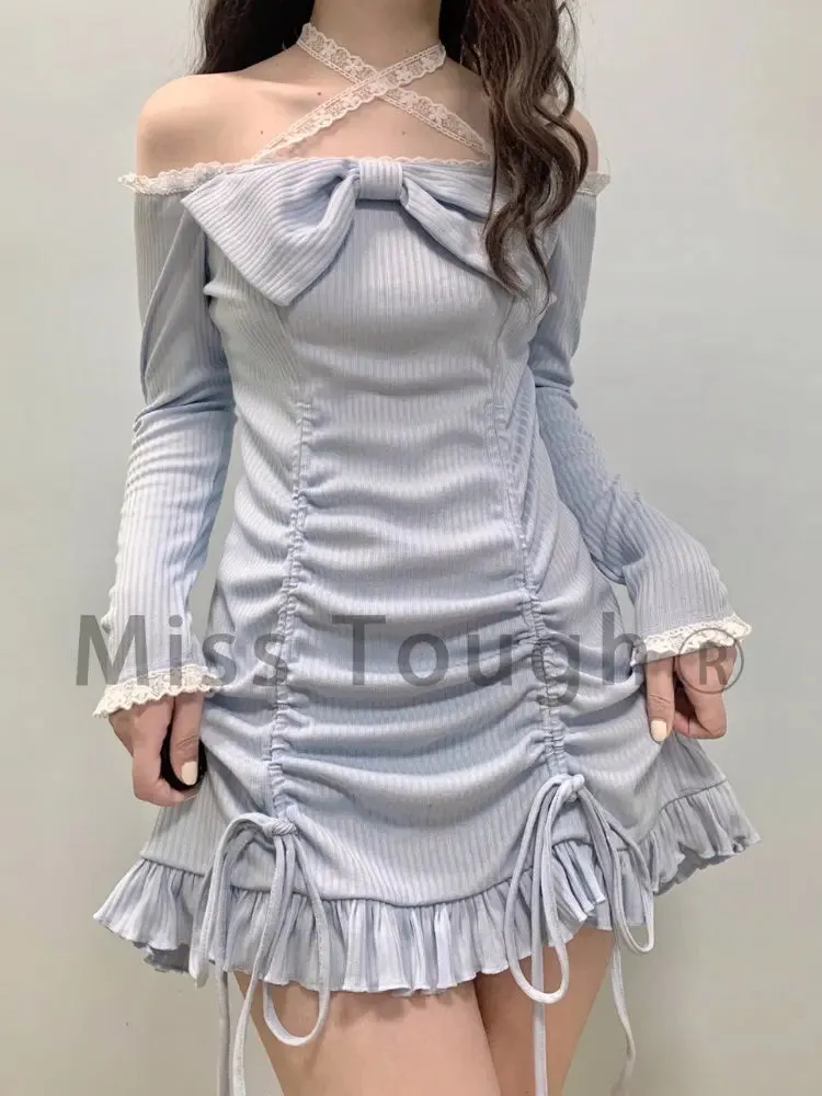 deanwangkt Korean Style Party Mini Dresses Women Japanese Off Shoulder Sexy Kawaii Dress Female Long Sleeve Lace Kawaii Lolita Dress Autumn