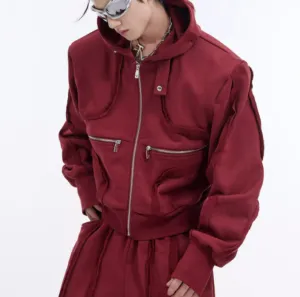 Deconstruct 3D Do Old Short Padded Shoulder Hoodie Red Tracksuit Jacket