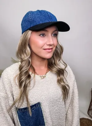 Denim and Black Suede Baseball Hat