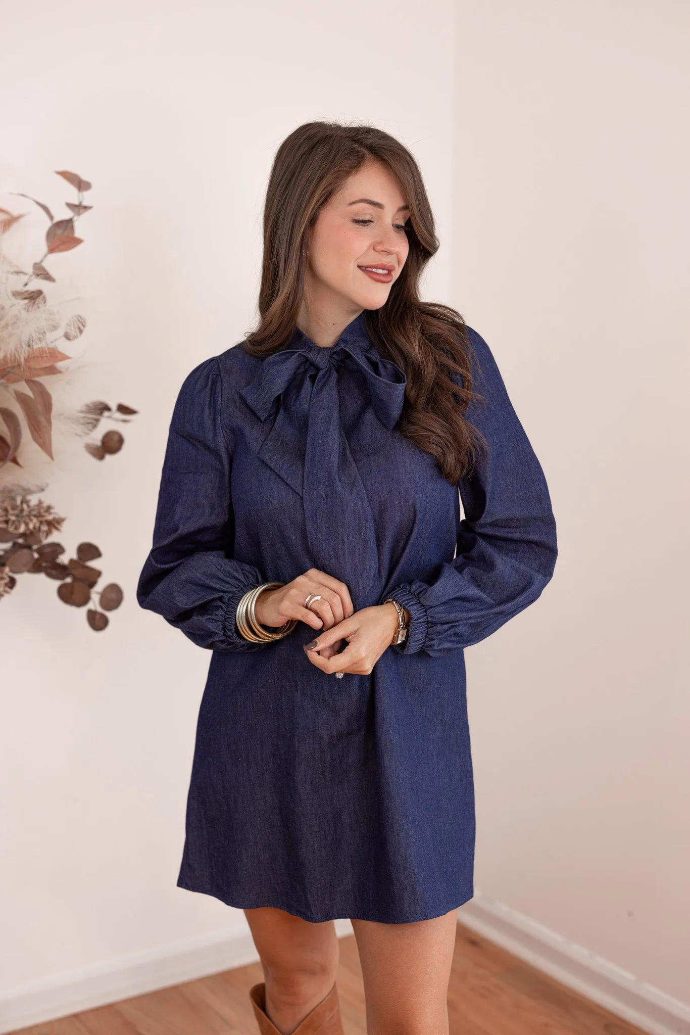Denim Bow Tie Navy Dress