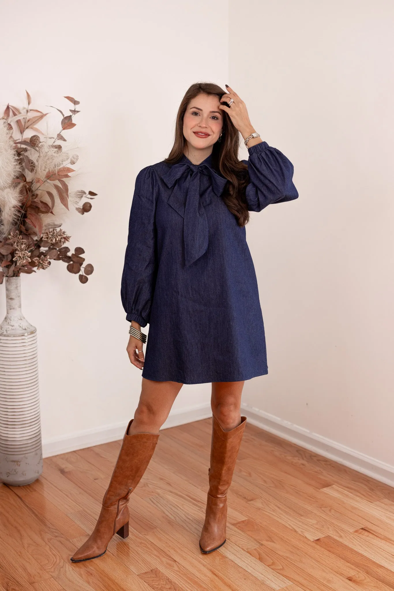 Denim Bow Tie Navy Dress