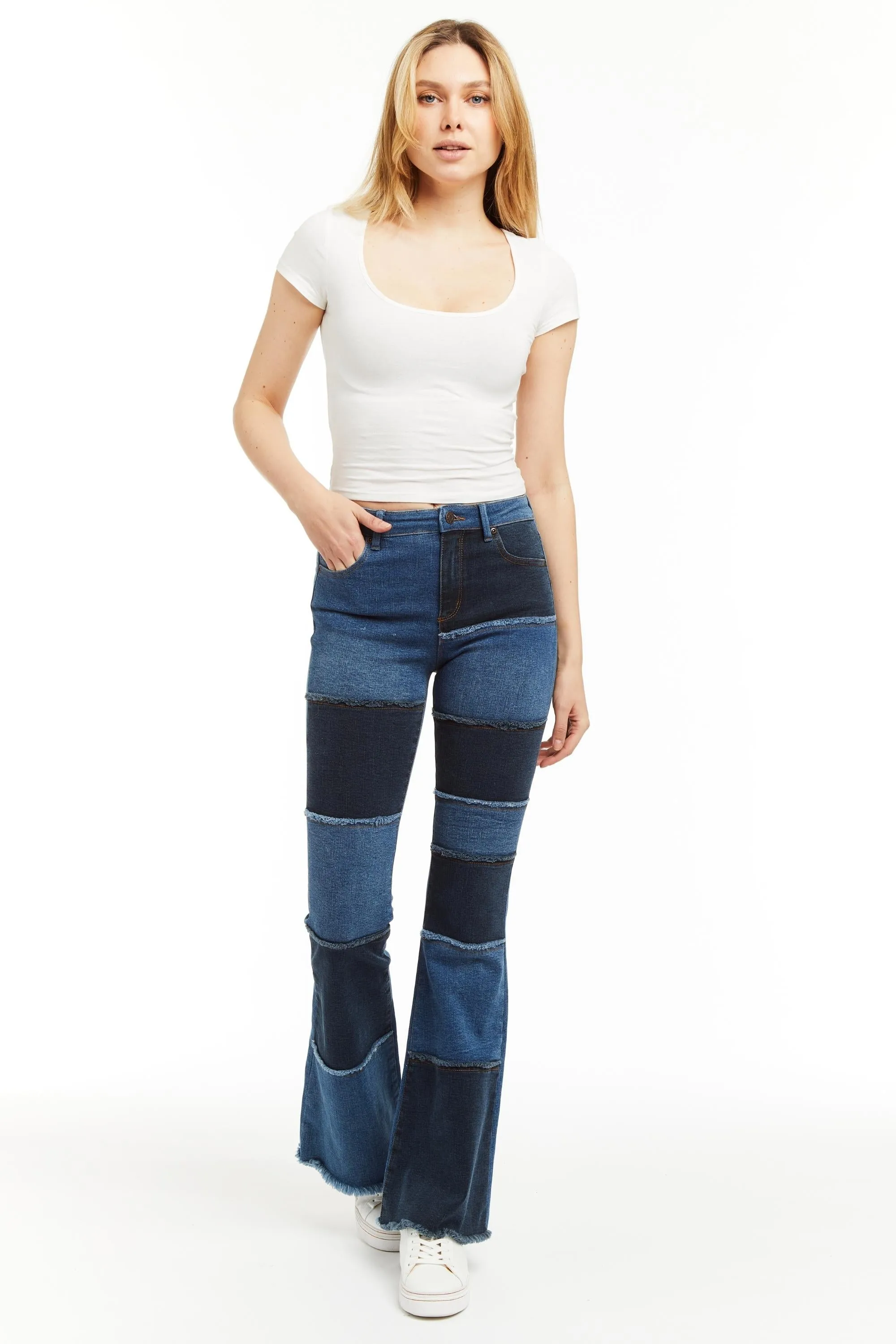Denim Patchwork Sexy Flare With Fray Hem