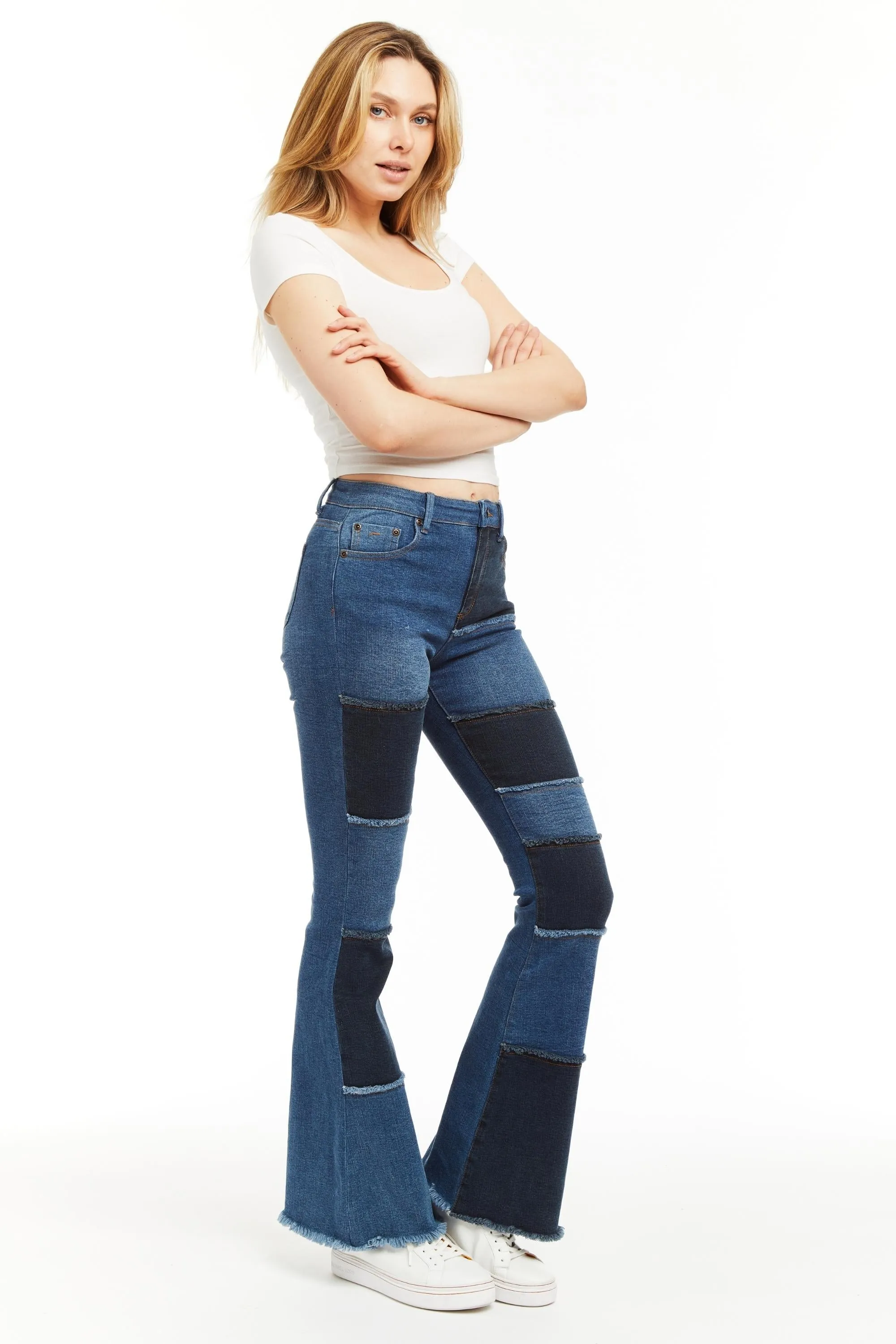 Denim Patchwork Sexy Flare With Fray Hem