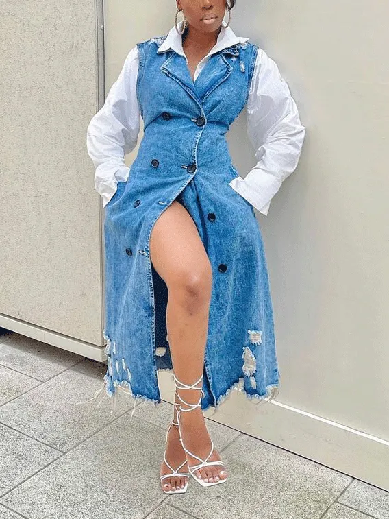 Denim Vest And Trendy Shirt Dress Set