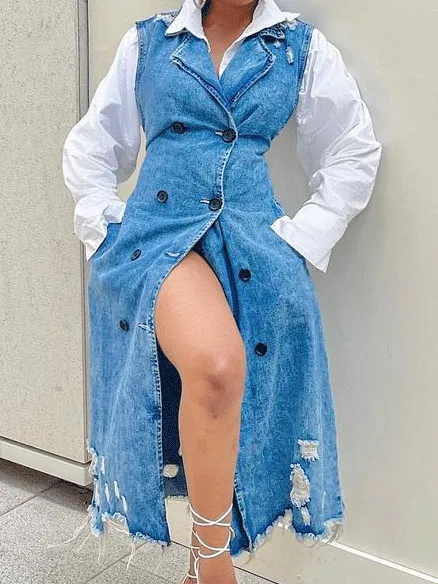Denim Vest And Trendy Shirt Dress Set