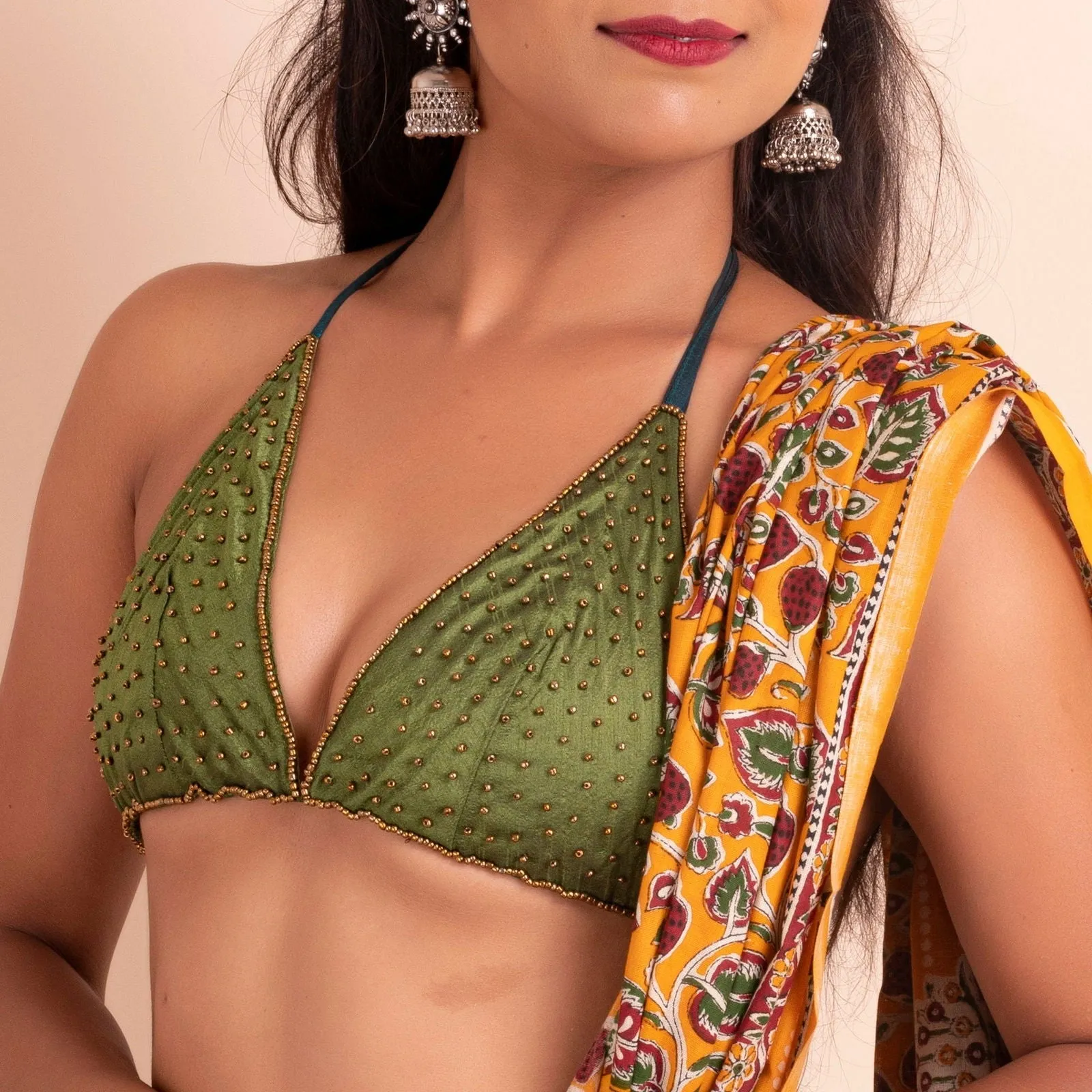 Designer Backless Halter Blouse in Sequence Fabric with Embroidery - Bikini Style, Non-Padded