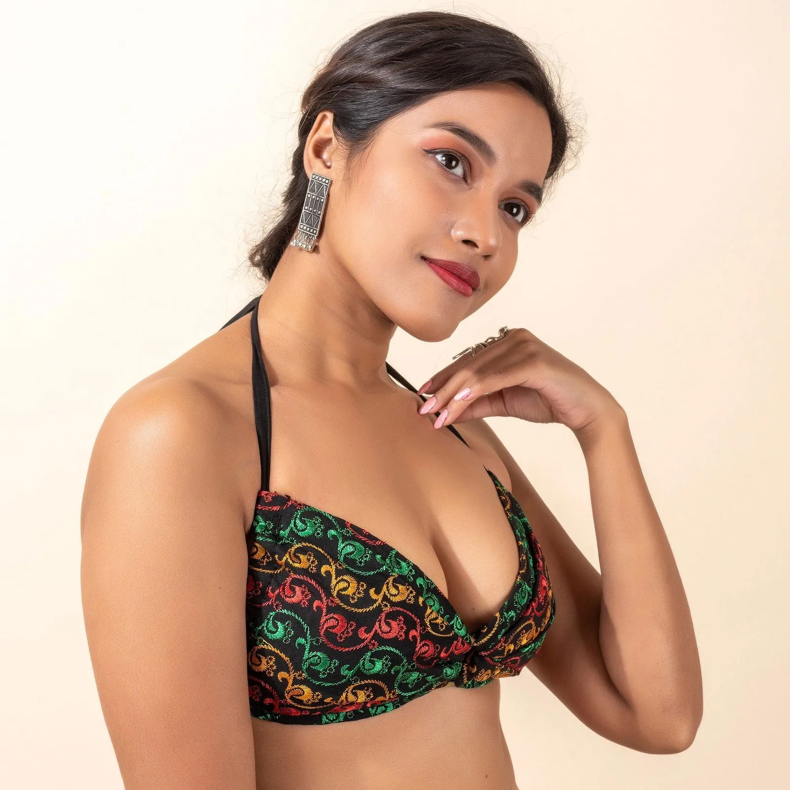 Designer Black Chikon Work Backless Halter Neck Blouse - Non-Padded Women's Saree Bikini