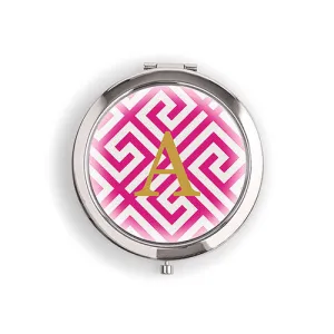 Designer Compact Mirror - Monogram on Greek Key Print Rose Gold Tangerine Orange