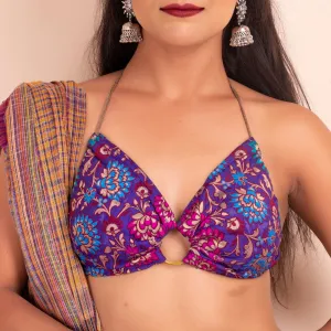 Designer Fabric Purple Brocade Backless Halter Neck Bikini Blouse, Non-Padded