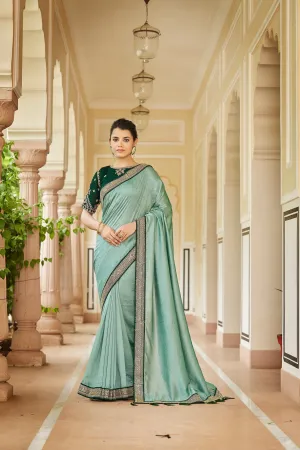 Designer Pista Green Color Swarovski Sequence Work Silk Saree