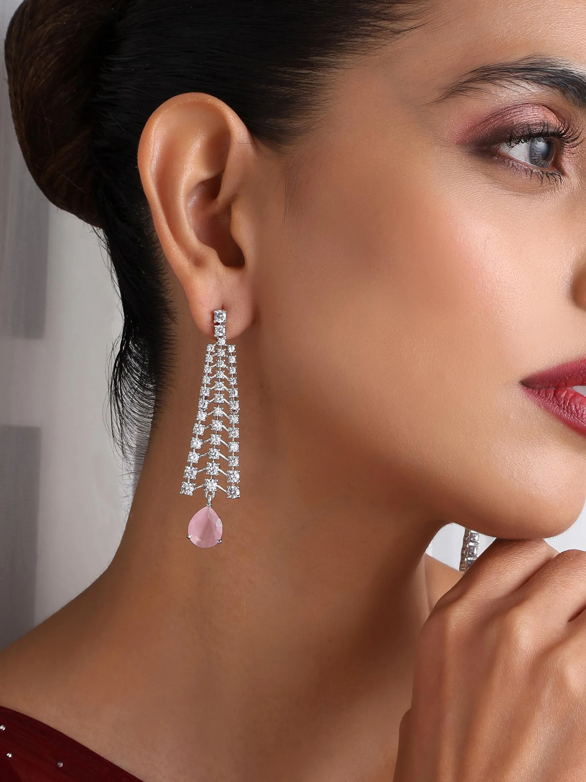 Diamond Lines With Pink Drop Earring
