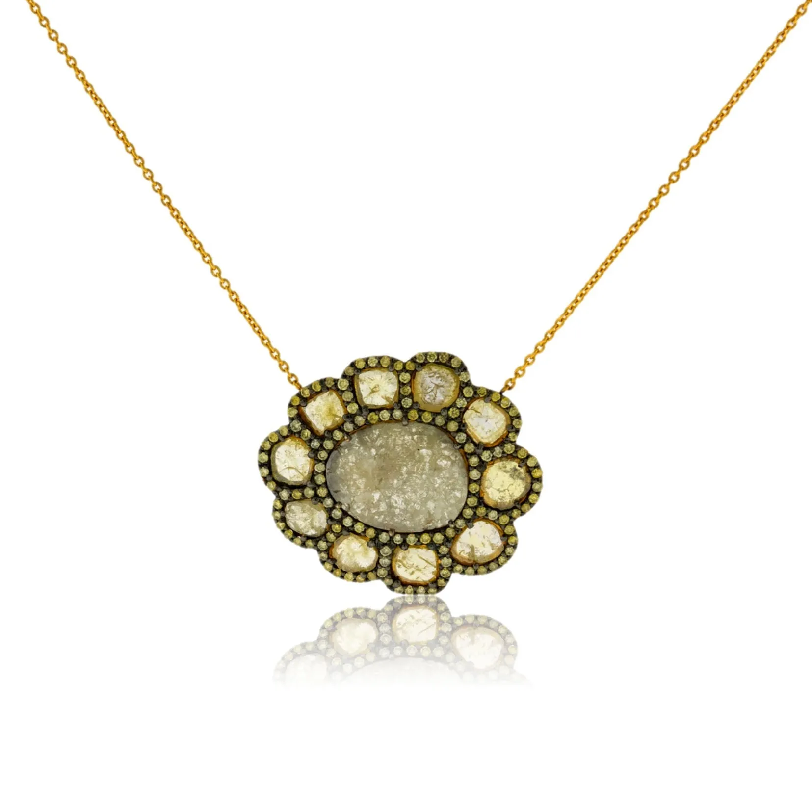 Diamond Slice & Rose Cut Yellow Diamond Pendant w/Chain