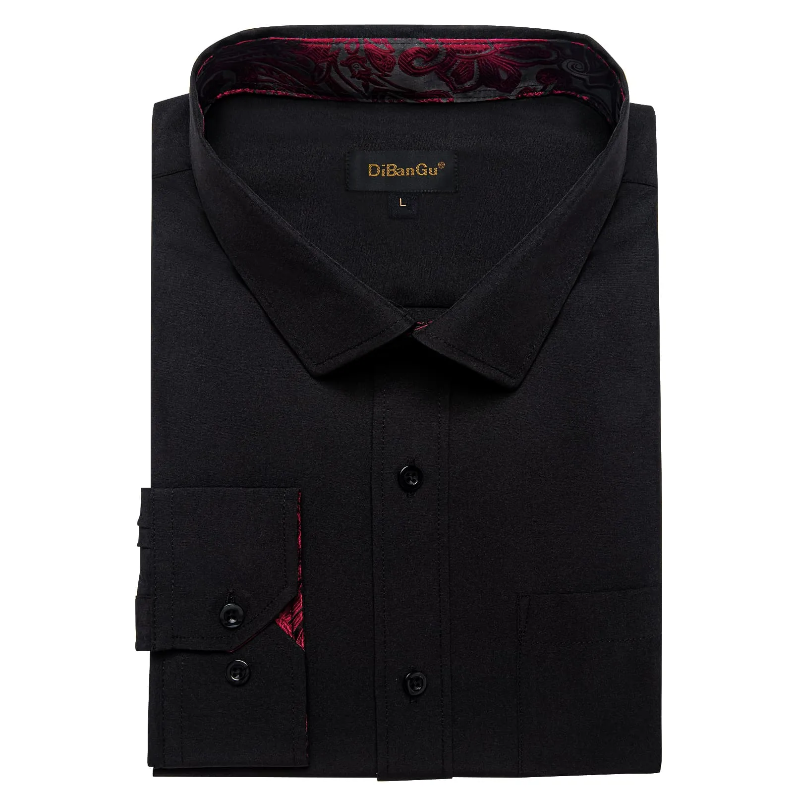 DiBanGu Black Solid Splicing Burgundy Paisley Silk Mens Long Sleeve Shirt