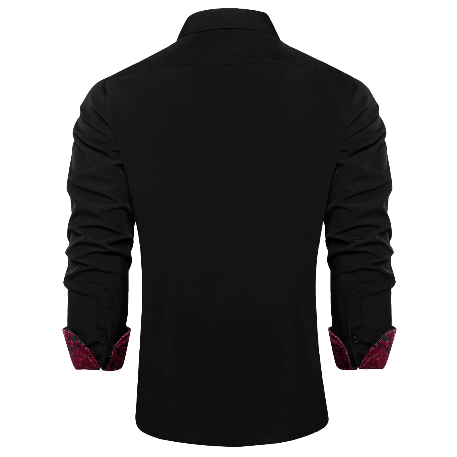 DiBanGu Black Solid Splicing Burgundy Paisley Silk Mens Long Sleeve Shirt