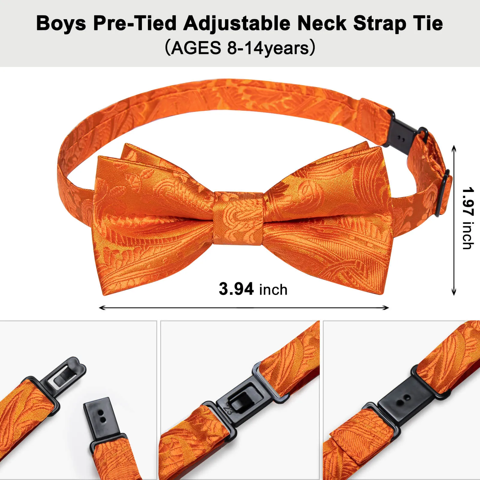 DiBanGu Kids Bow Tie Hot Orange Paisley Silk Pre-Bow Tie Hanky Set