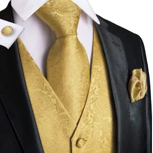 DiBanGu Mens Suit Vest Gold Paisley Jacquard Silk Waistcoat Vest Tie Pocket Square Cufflinks Set