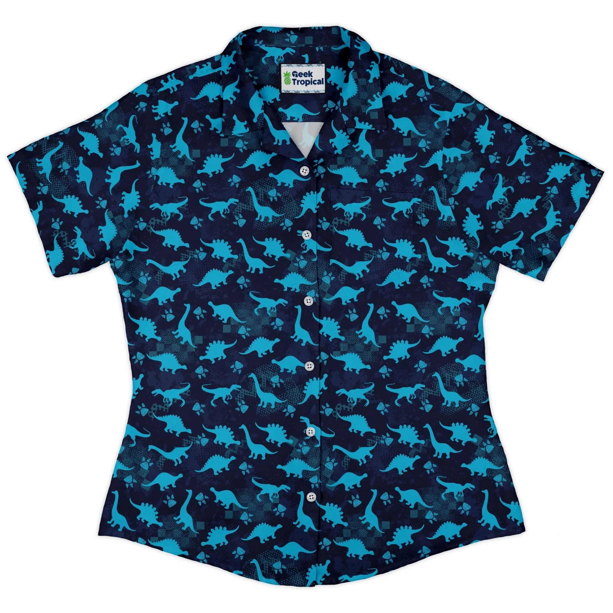 Dinosaur Urban Geometric Blue Dinosaur Curvy Button Up Shirt