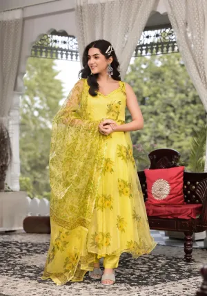 Divena Light Yellow Hand Painted Floral Organza Anarkali Kurta Pant Set with Dupatta