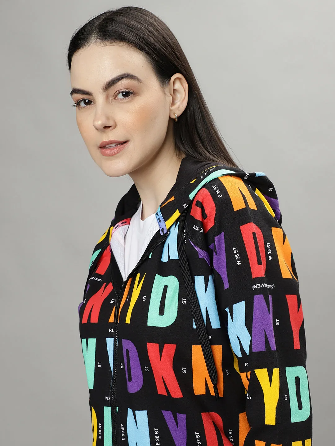 Dkny Women Multicolored Printed Hooded Long Sleeves Jacket