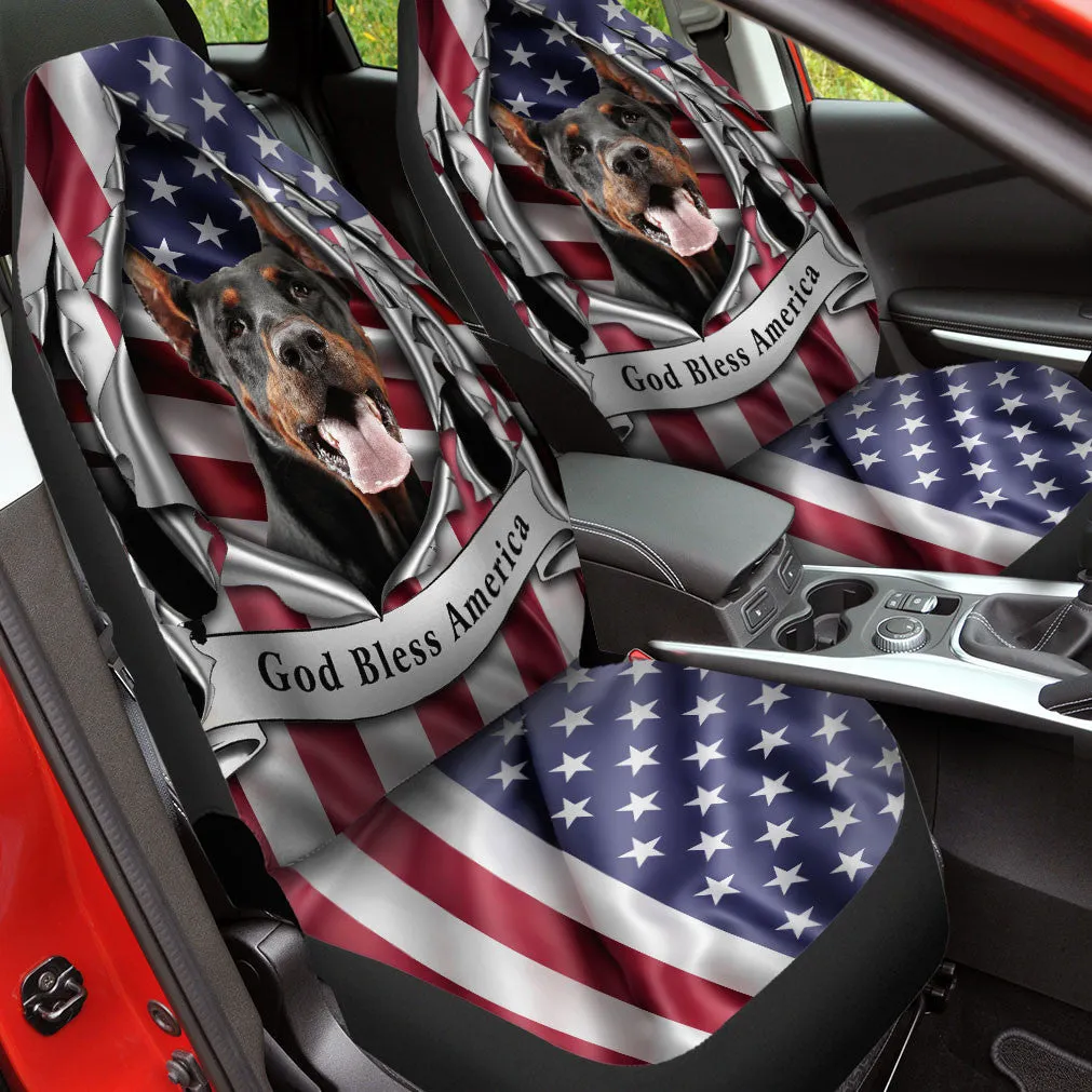 Doberman Pinscher Dog Inside Flag Gob Bless America  Car Seat Covers