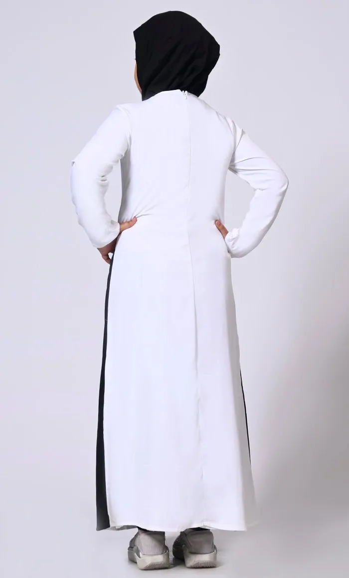 Double Layered Girl's Black Abaya with Sequined Yoke and Front Pockets